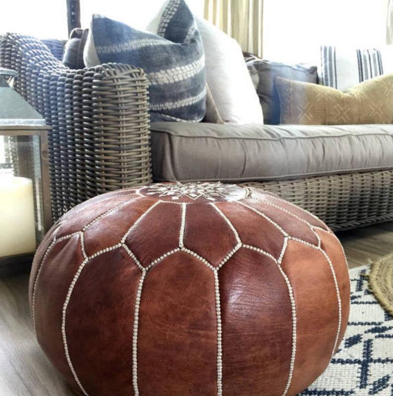 High Leather Quality Set Of 2 Tan Moroccan Poufs Unfilled Ottoman 