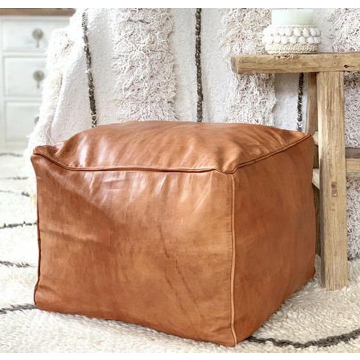 Square Leather Ottoman Tan Color, Square Leather Pouf
