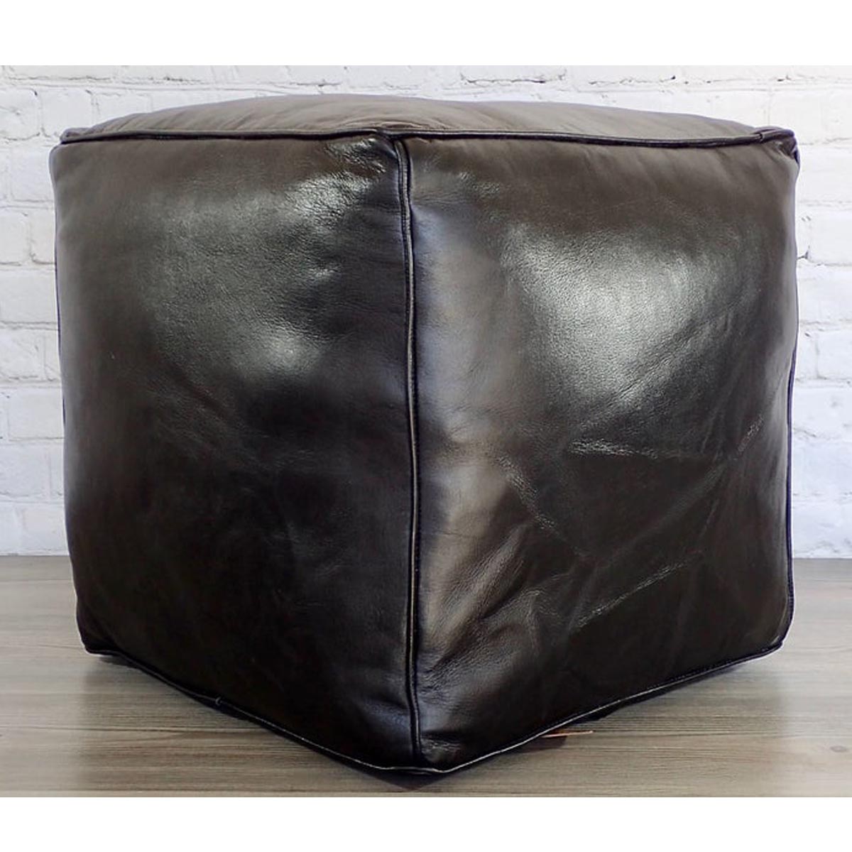 Black Square Ottoman Leather Pouf, Square Leather Pouf
