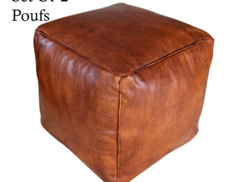 Set of 2 Brown Square Ottomans, 2 Moroccan Leather Poufs