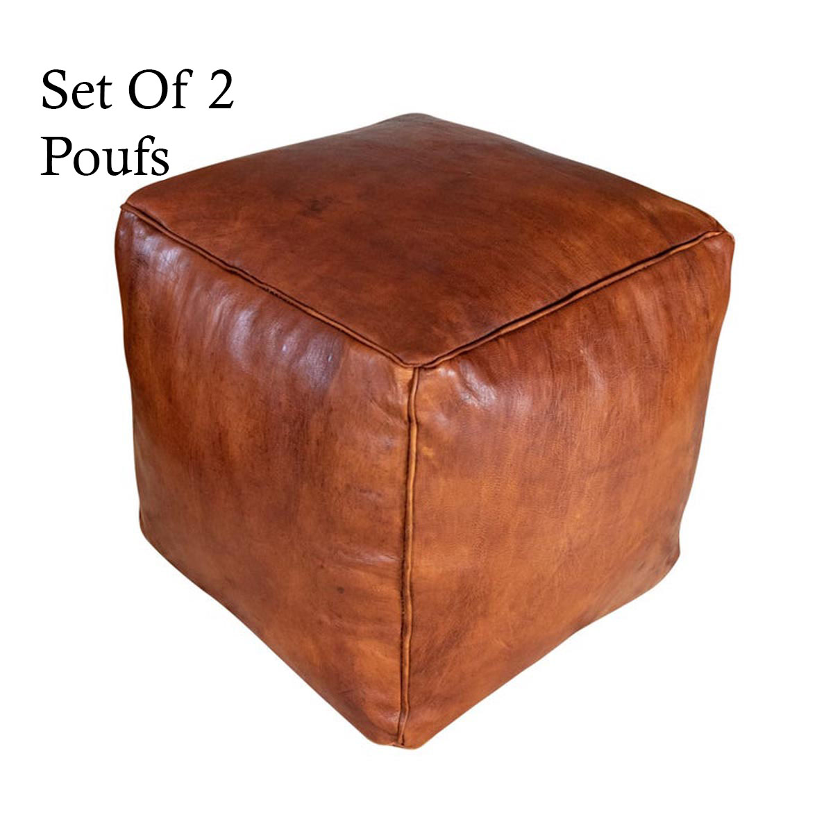 Moroccan Leather Cube Pouf Ottoman Cover Square Moroccan Pouf Natural Brown 