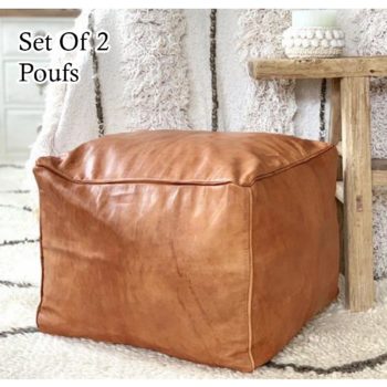 Square Leather Ottoman Tan Color, Light Brown Leather Square Ottoman