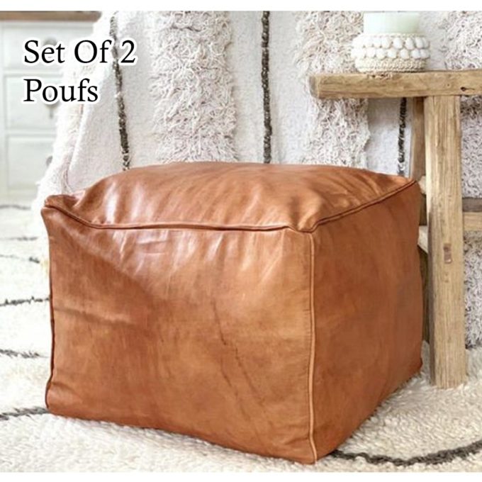 2 moroccan tan square leather pouf ottoman footstool